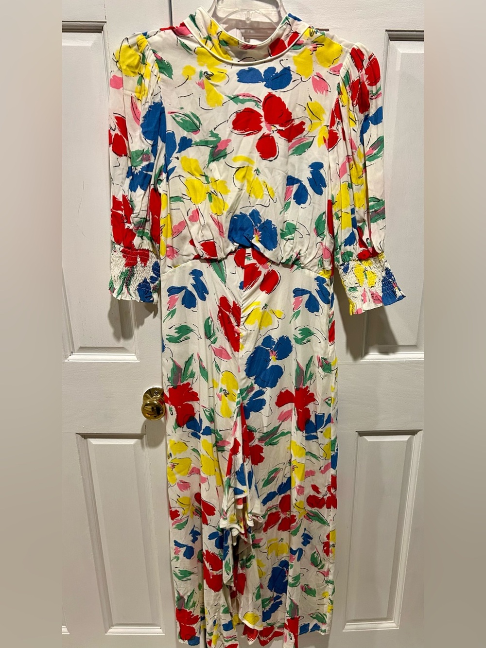 RIXO White Maxi Dress with Red, Blue, Yellow & Pink Floral Print